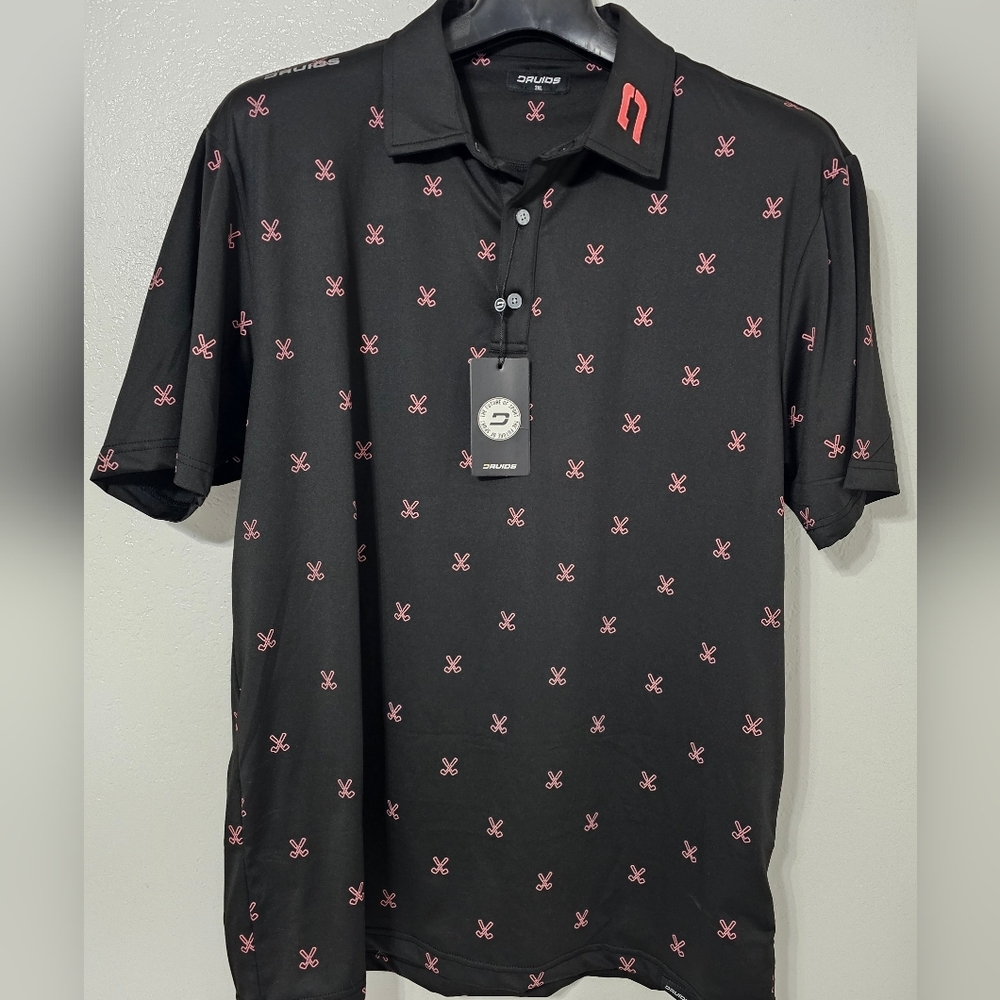 Druids Golf Polo 3XL Tag (Fits XL) Black Pink All Over Print Performance Shirt N